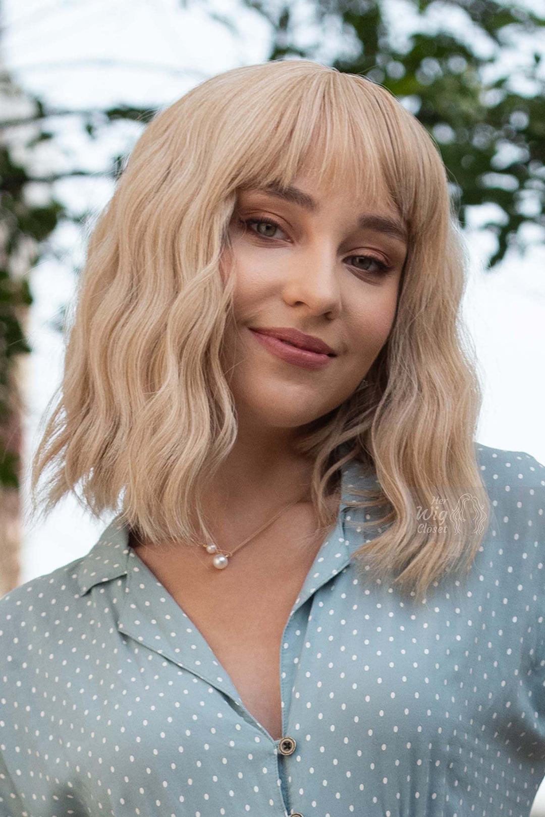 Golden Blonde Wavy Synthetic Bob Wig with Bangs Gwen