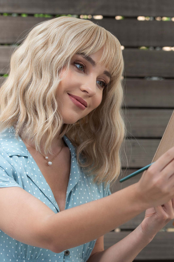 Golden Blonde Wavy Synthetic Bob Wig with Bangs Gwen