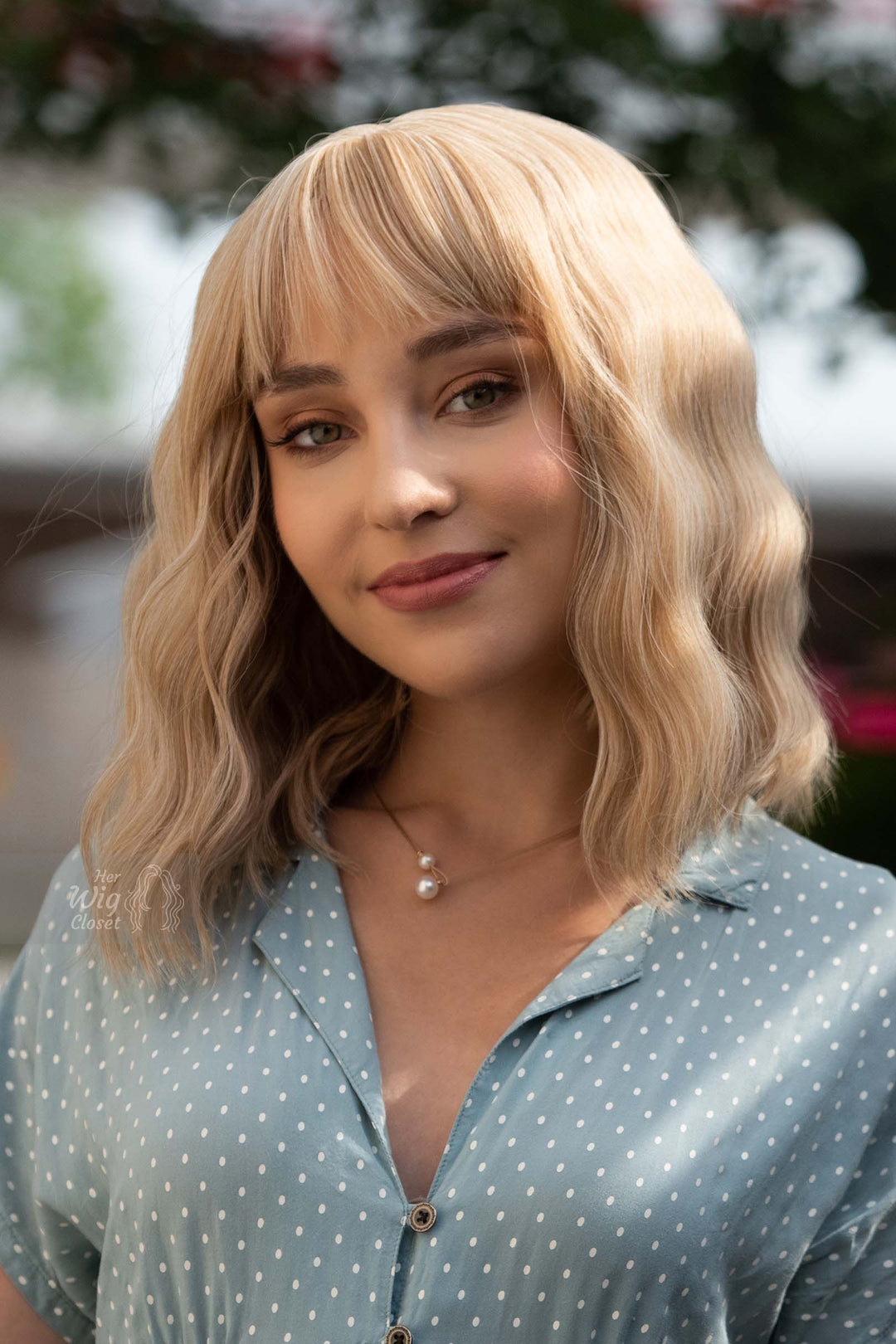 Golden Blonde Wavy Synthetic Bob Wig with Bangs Gwen