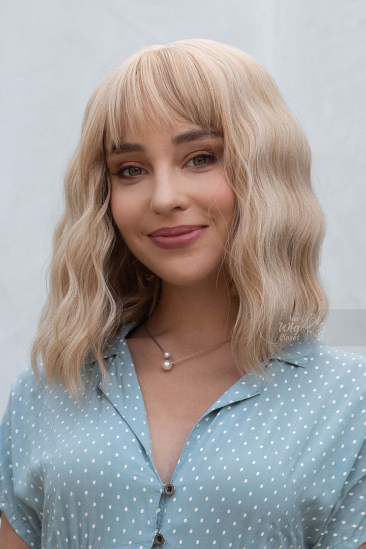 Golden Blonde Wavy Synthetic Bob Wig with Bangs Gwen
