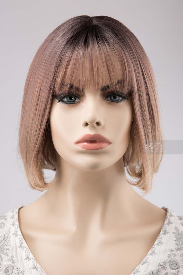 Dusty Pink Wig with Blonde Hair Tip Bob Wig with Bangs Kali