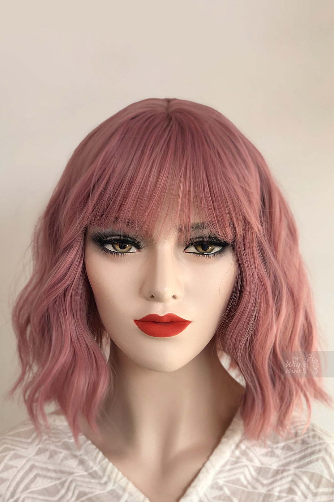 Pastel Pink Wavy Synthetic Bob Wig with Bangs Katy