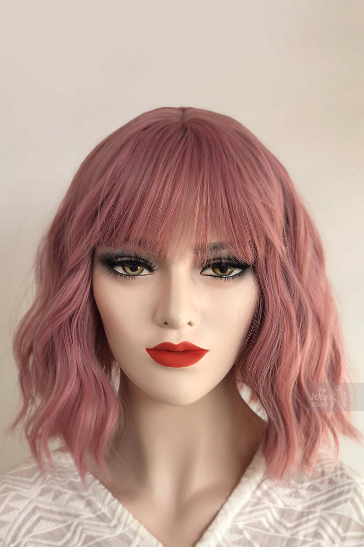 Pastel Pink Wavy Synthetic Bob Wig with Bangs Katy