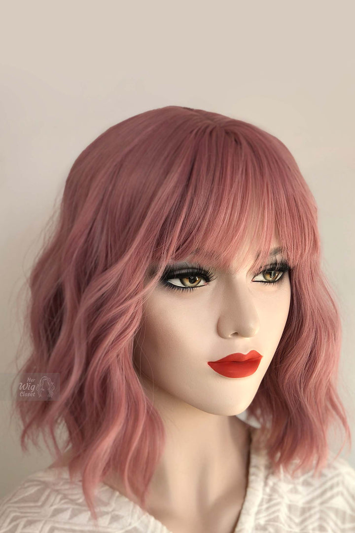 Katy | 12" Dusty Rose Wavy Pastel Pink Synthetic Wig