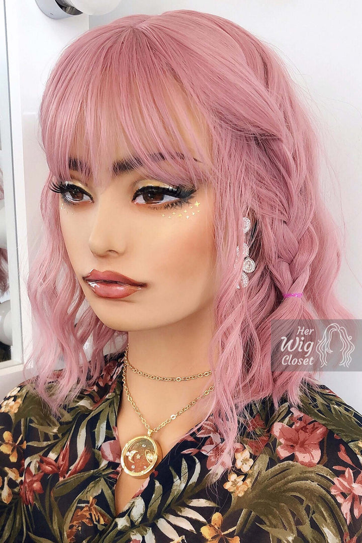Pastel Pink Wavy Synthetic Bob Wig with Bangs Katy