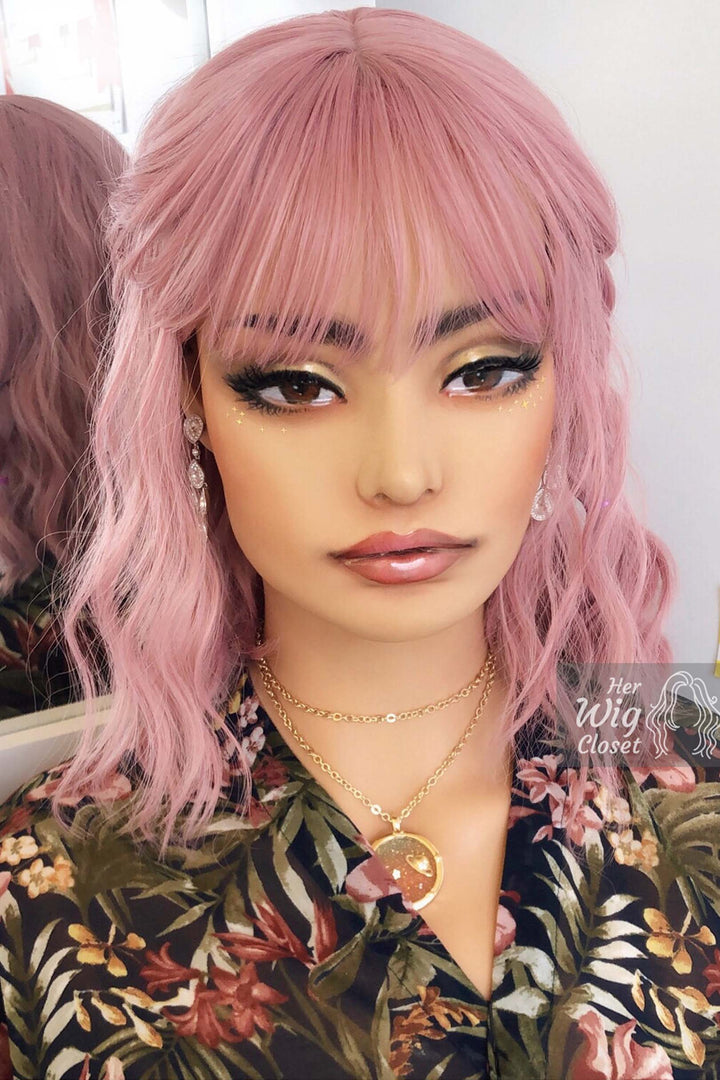 Pastel Pink Wavy Synthetic Bob Wig with Bangs Katy