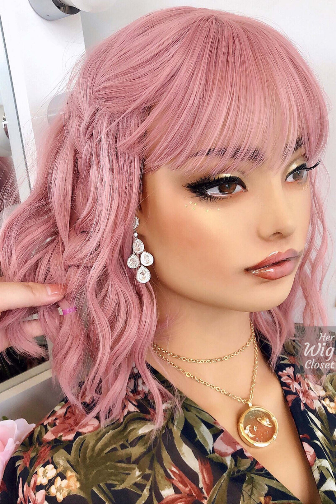 Pastel Pink Wavy Synthetic Bob Wig with Bangs Katy