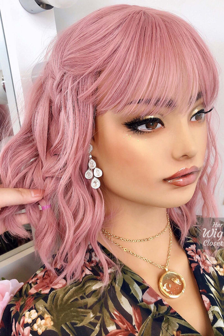 Pastel Pink Wavy Synthetic Bob Wig with Bangs Katy