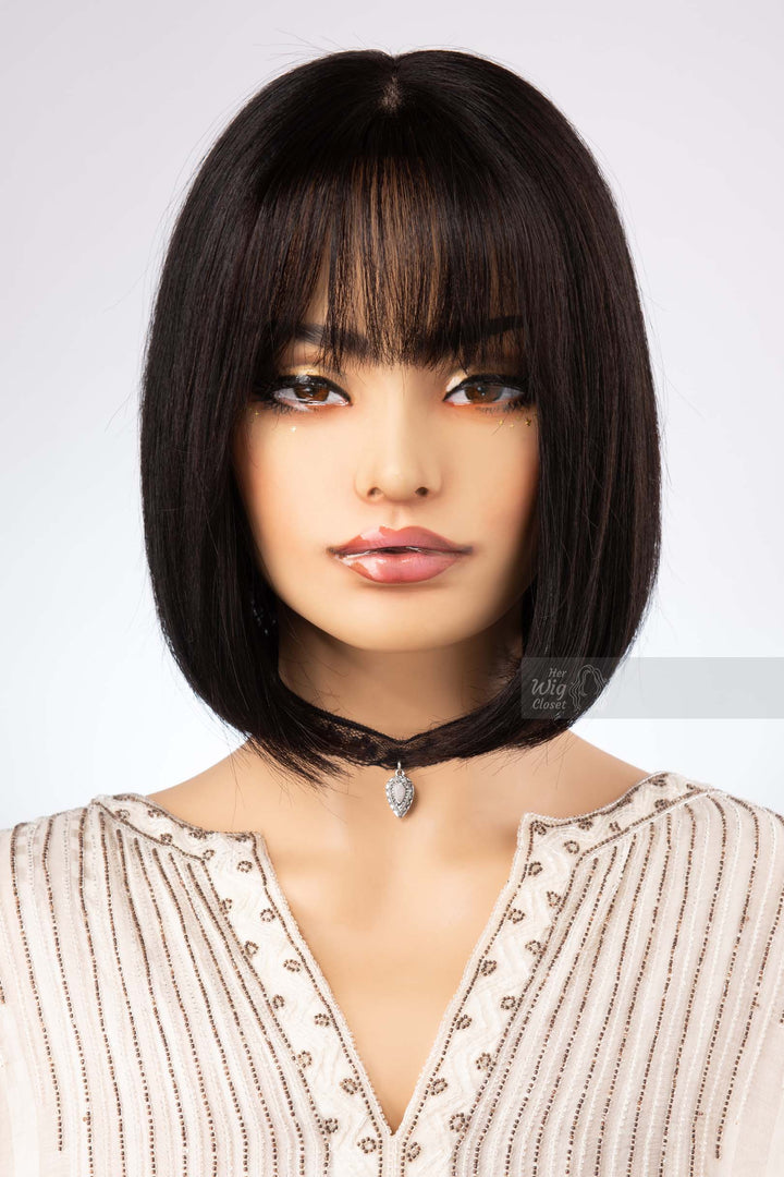 Black Human Hair Wig Bob Cut Wig Straight Hair Wig with Bangs Natural Black Real Hair