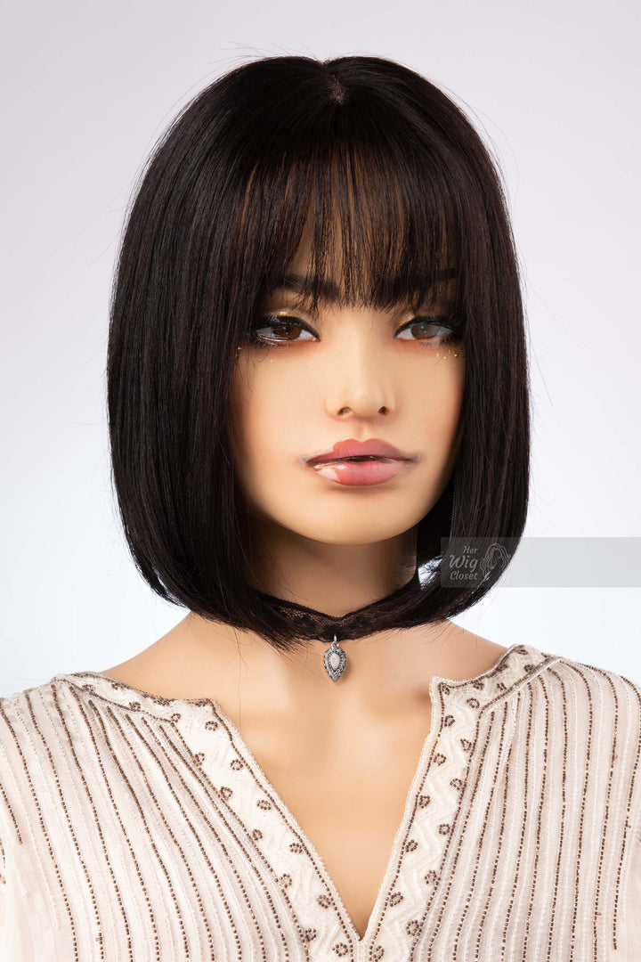 Black Human Hair Wig Bob Cut Wig Straight Hair Wig with Bangs Natural Black Real Hair