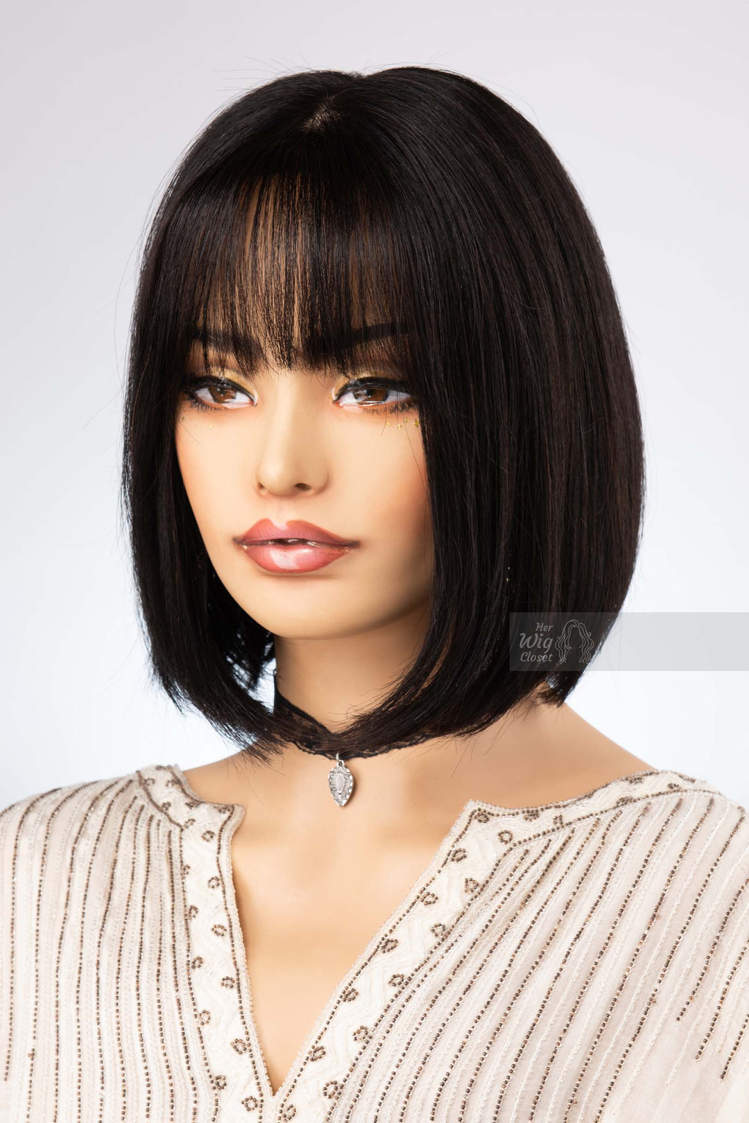 Black Human Hair Wig Bob Cut Wig Straight Hair Wig with Bangs Natural Black Real Hair