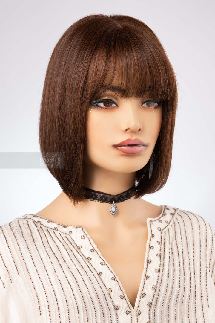 Bob Cut Straight Hair Wig Natural Brown Brunette Wig with Bangs