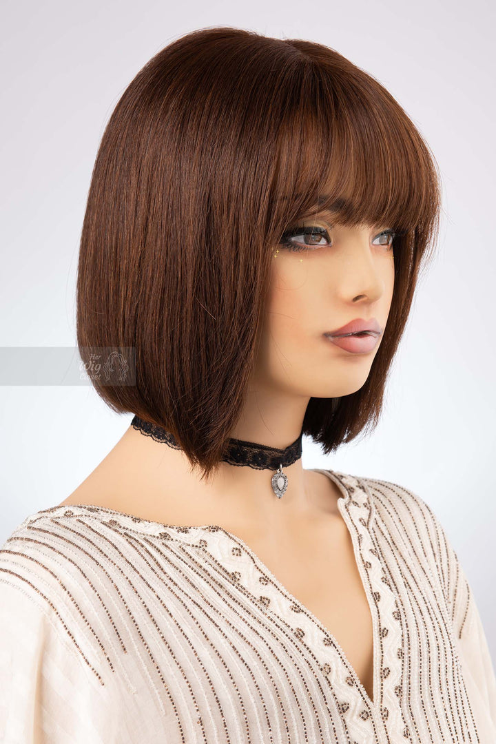 Bob Cut Straight Hair Wig Natural Brown Brunette Wig with Bangs