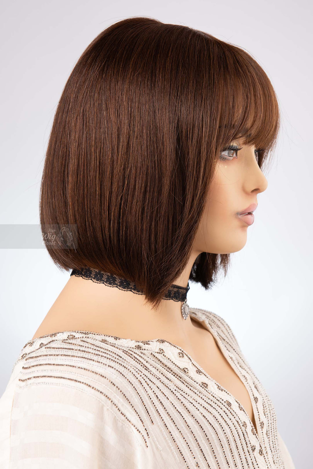 Bob Cut Straight Hair Wig Natural Brown Brunette Wig with Bangs