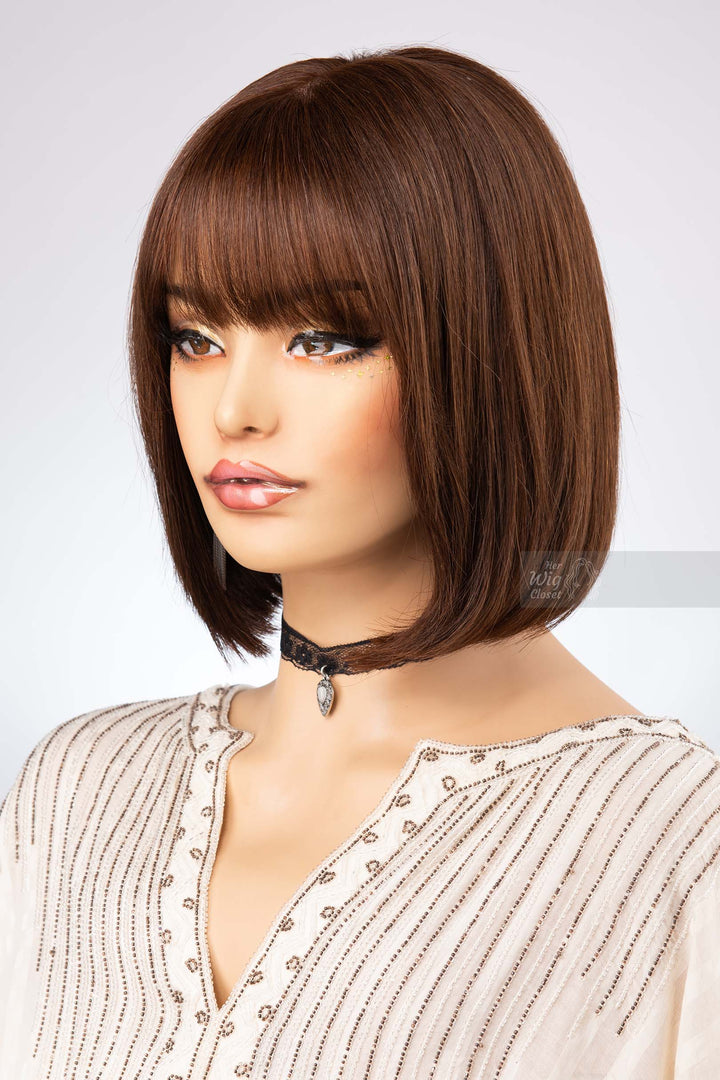 Bob Cut Straight Hair Wig Natural Brown Brunette Wig with Bangs