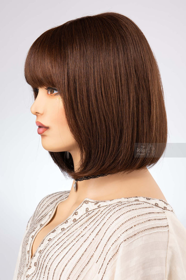 Bob Cut Straight Hair Wig Natural Brown Brunette Wig with Bangs