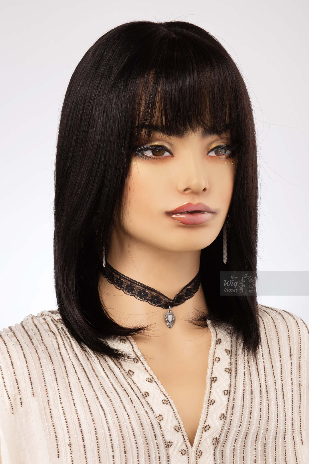 Natural Black Straight Long Bob Human Hair Wig with bangs