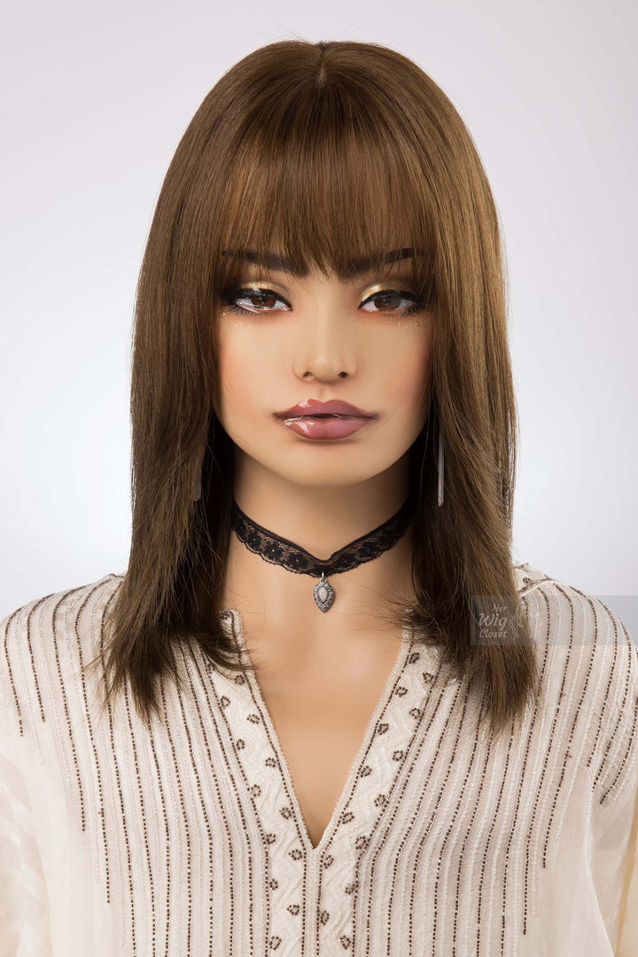 Natural Brown with Matcha Undertone Straight Long Bob Human Hair Wig with bangs