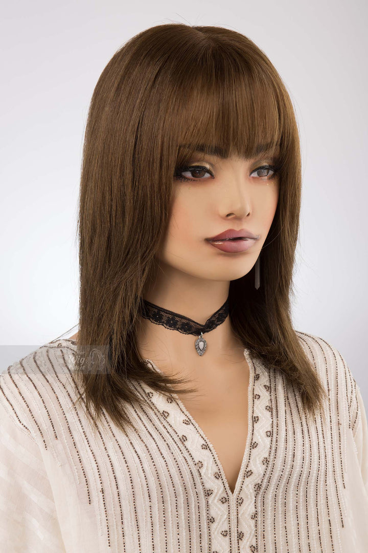 Natural Brown with Matcha Undertone Straight Long Bob Human Hair Wig with bangs