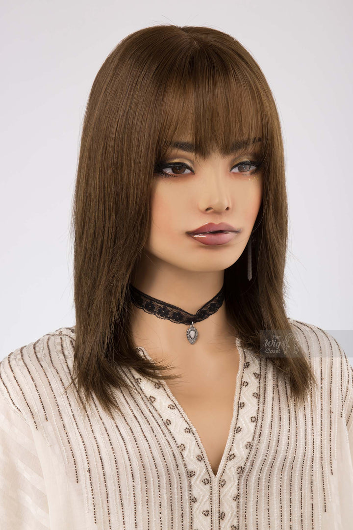 Natural Brown with Matcha Undertone Straight Long Bob Human Hair Wig with bangs