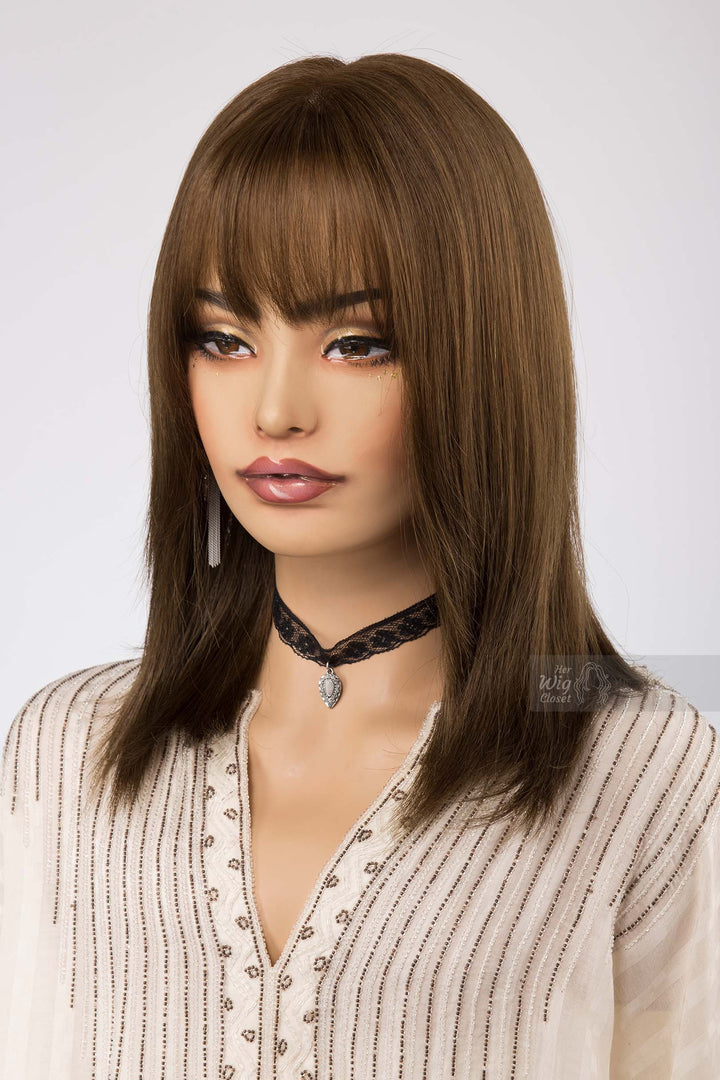 Natural Brown with Matcha Undertone Straight Long Bob Human Hair Wig with bangs