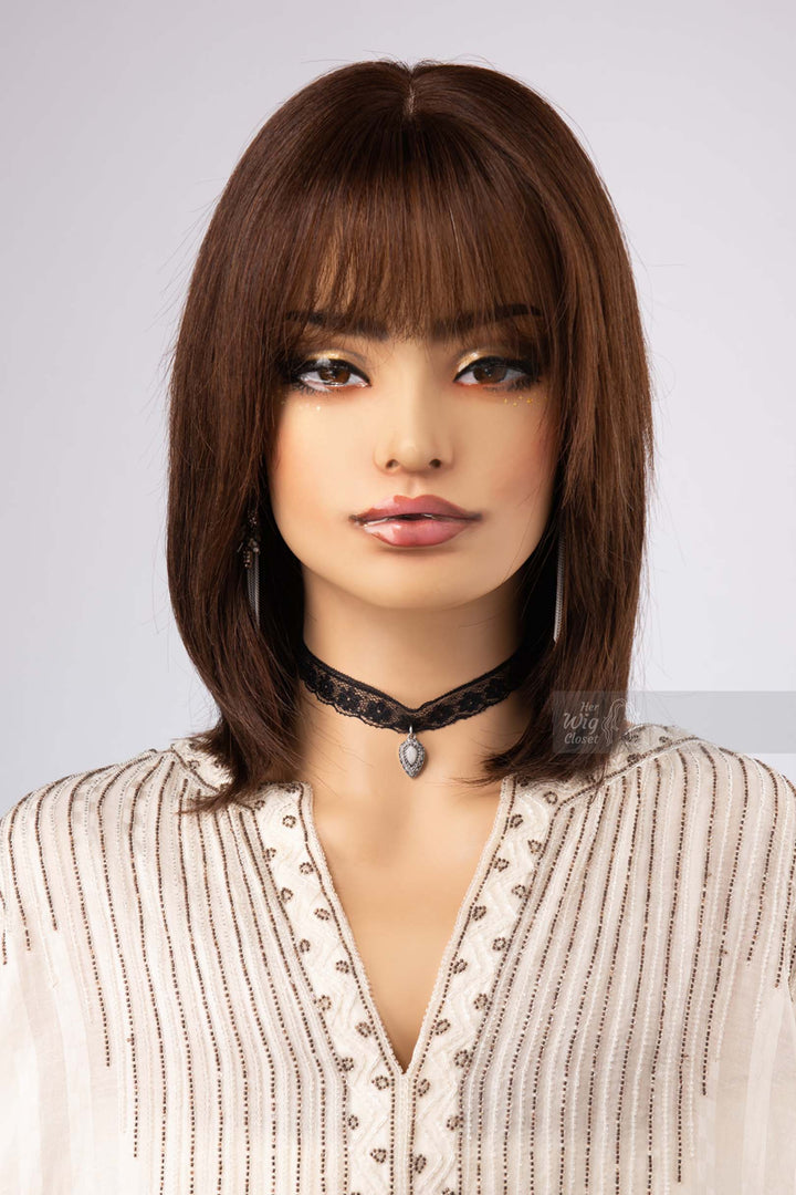 Human Hair Bob Cut Straight Hair Style Brown Brunette Color Wig with Bangs Her Wig Closet