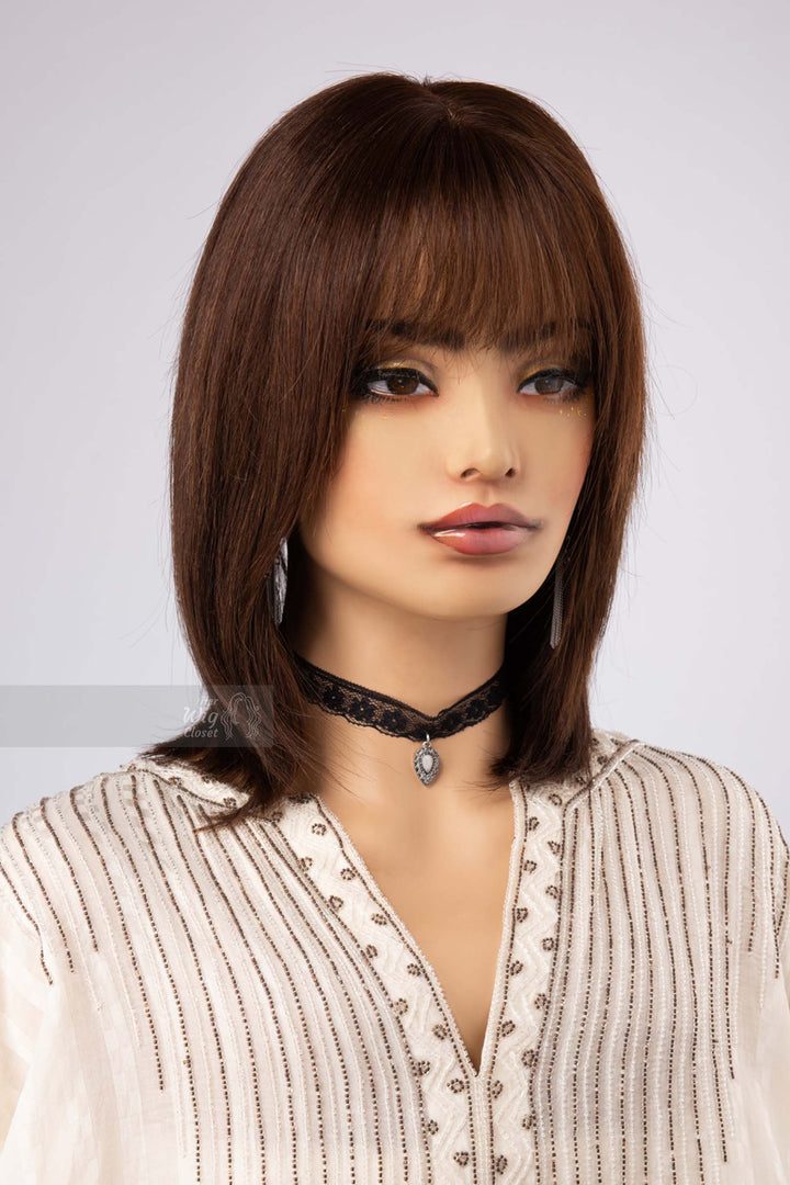 Human Hair Bob Cut Straight Hair Style Brown Brunette Color Wig with Bangs Her Wig Closet
