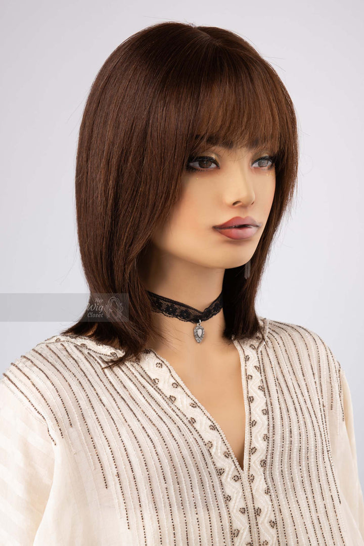 Human Hair Bob Cut Straight Hair Style Brown Brunette Color Wig with Bangs Her Wig Closet