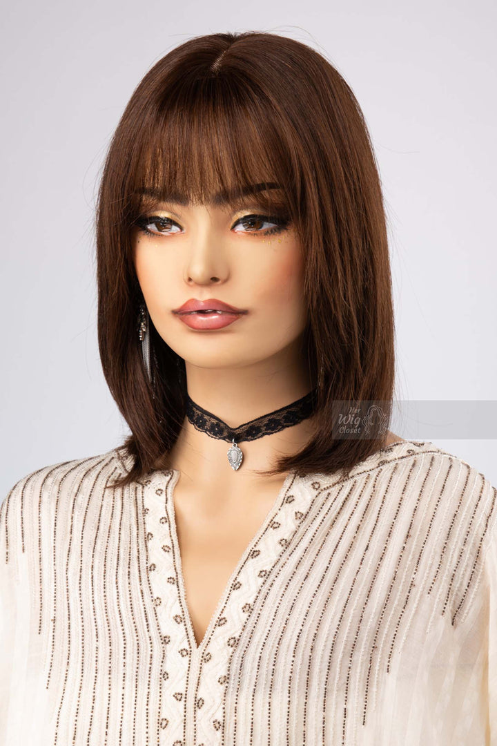 Human Hair Bob Cut Straight Hair Style Brown Brunette Color Wig with Bangs Her Wig Closet