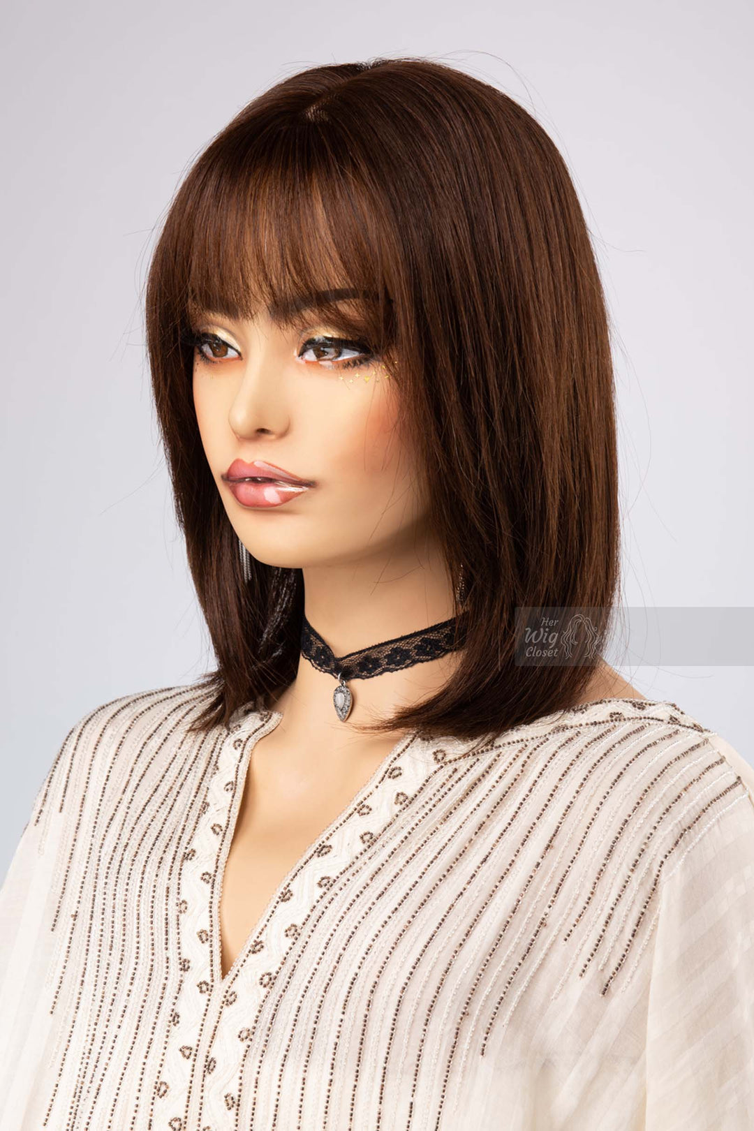 Human Hair Bob Cut Straight Hair Style Brown Brunette Color Wig with Bangs Her Wig Closet