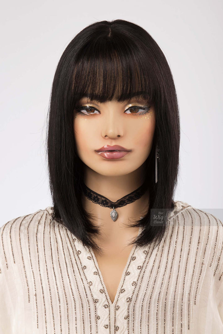 Natural Black Medium Length Straight Bob Human Hair Wig with bangs