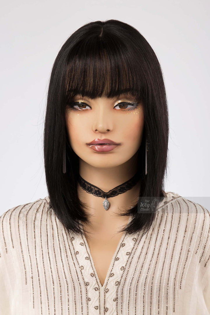 Natural Black Medium Length Straight Bob Human Hair Wig with bangs