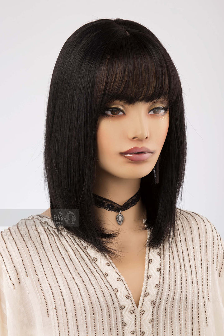 Natural Black Medium Length Straight Bob Human Hair Wig with bangs