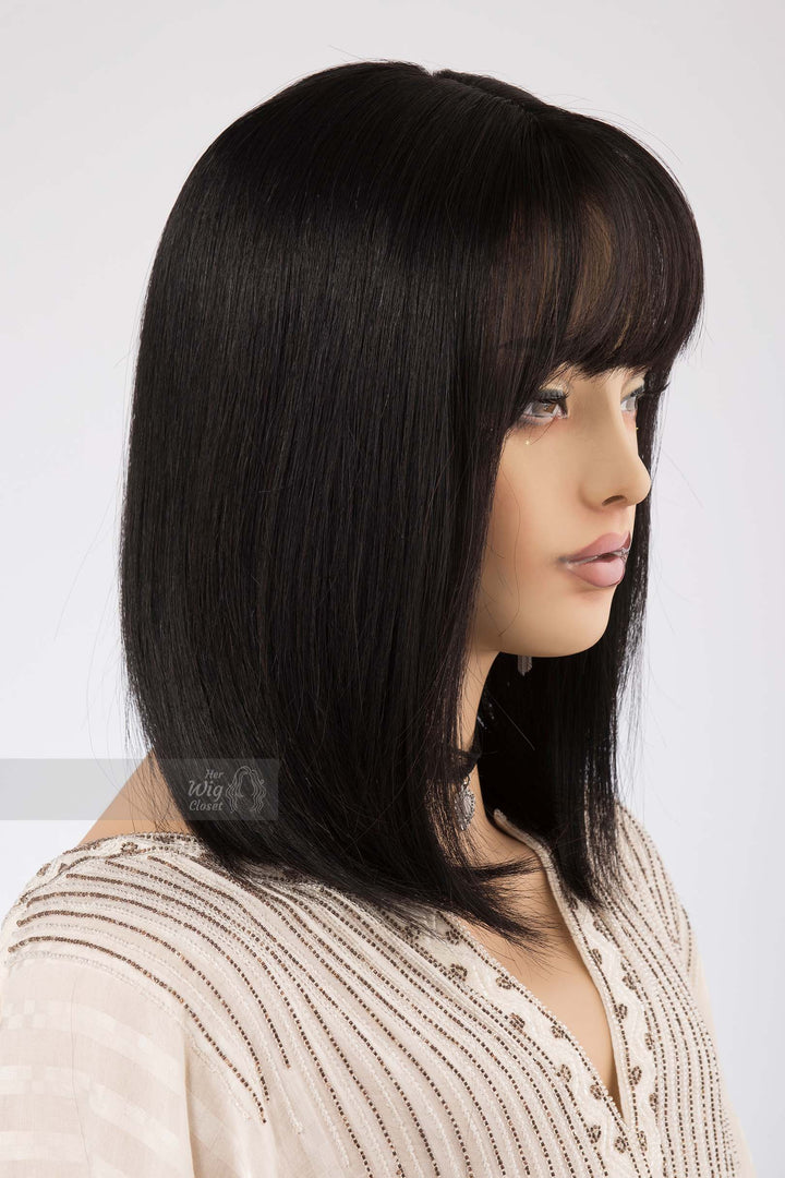 Natural Black Medium Length Straight Bob Human Hair Wig with bangs