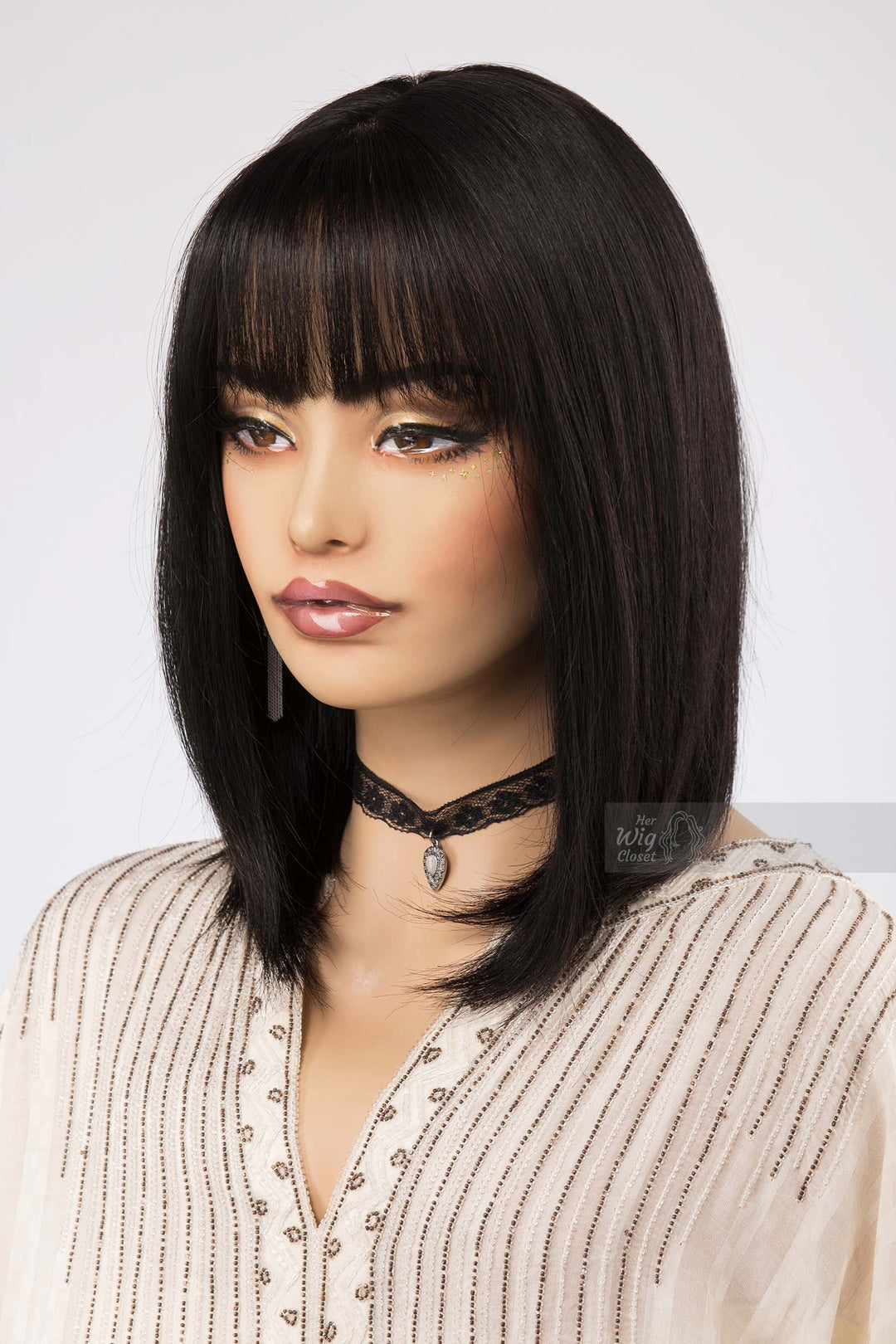 Natural Black Medium Length Straight Bob Human Hair Wig with bangs