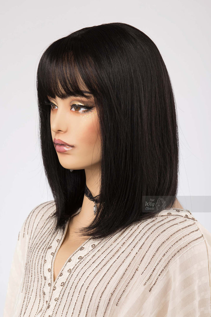 Natural Black Medium Length Straight Bob Human Hair Wig with bangs