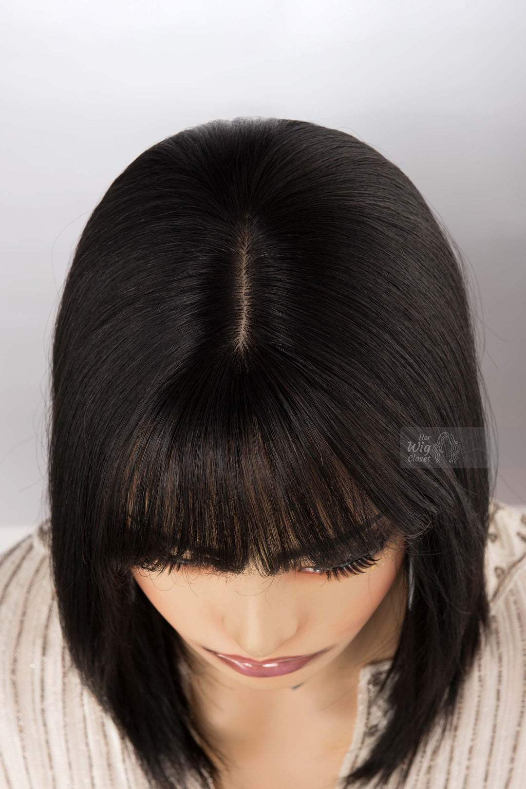 Natural Black Medium Length Straight Bob Human Hair Wig with bangs