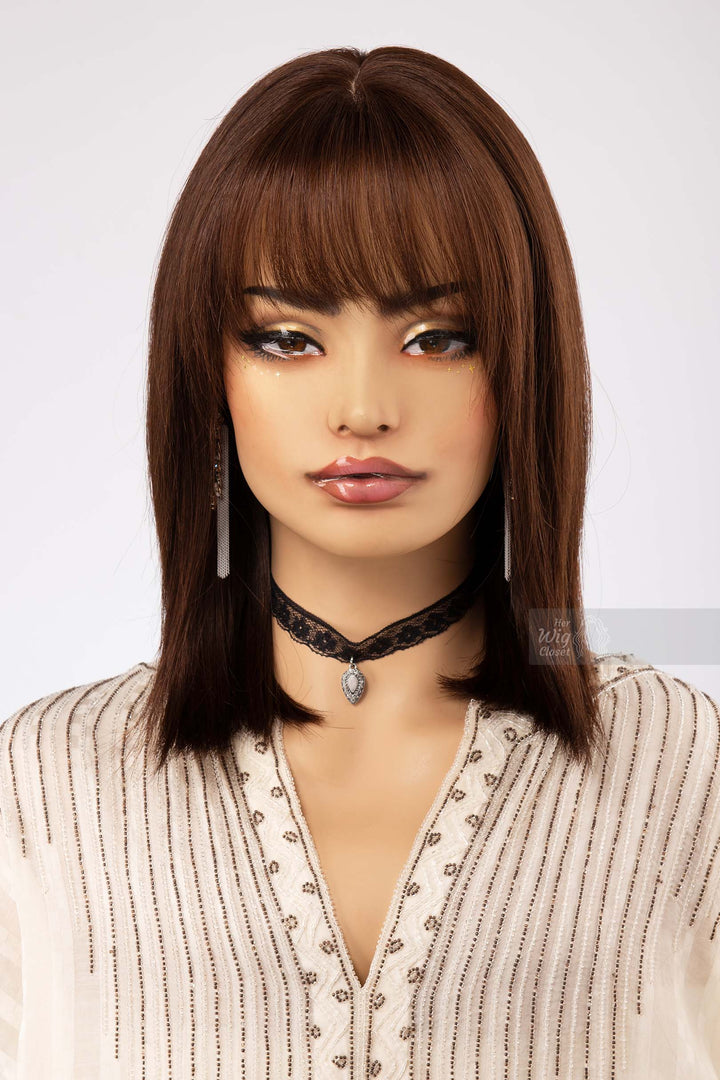 Natural Brown Medium Length Straight Bob Human Hair Wig with bangs