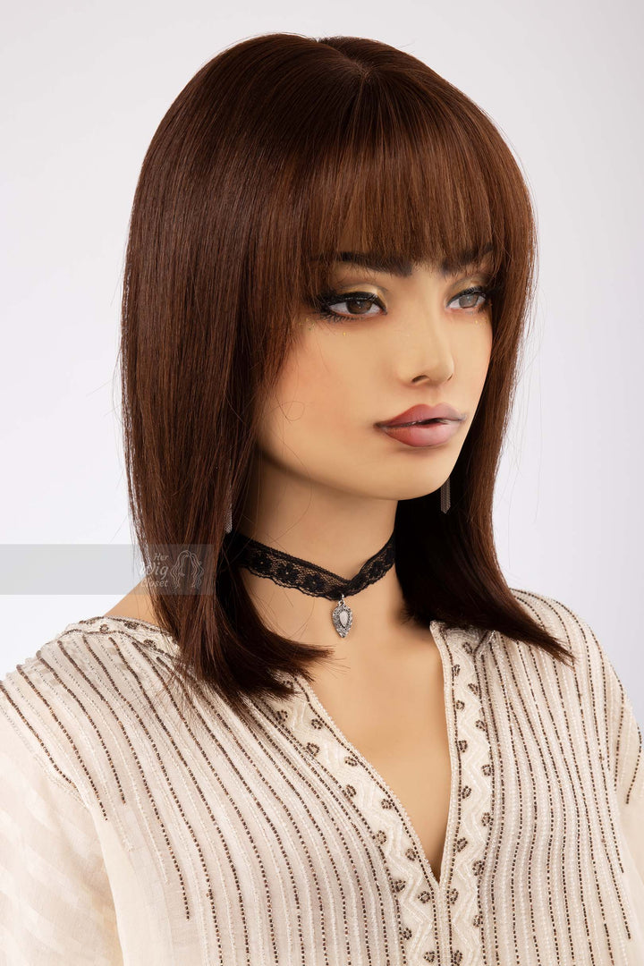 Natural Brown Medium Length Straight Bob Human Hair Wig with bangs