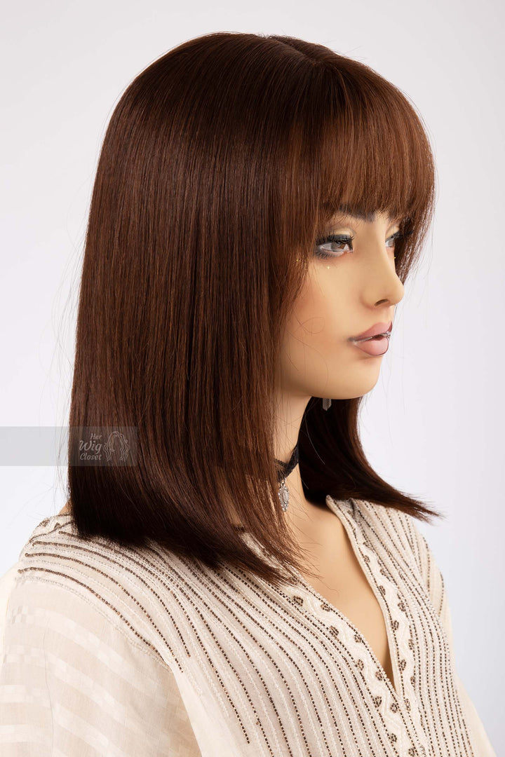 Natural Brown Medium Length Straight Bob Human Hair Wig with bangs