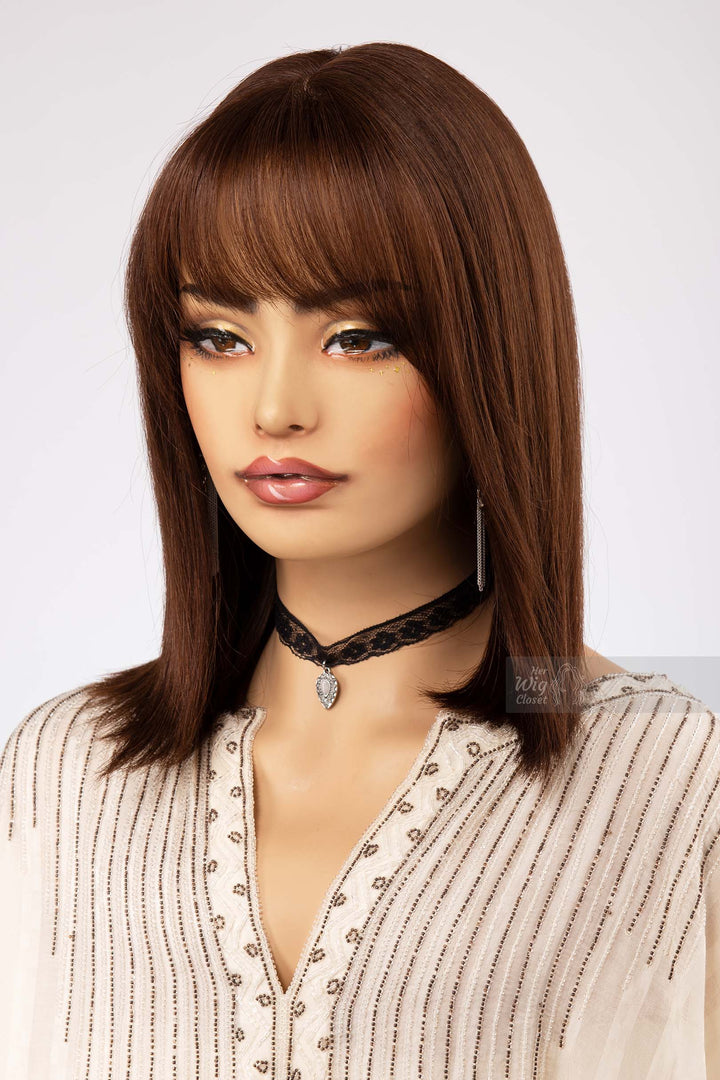 Natural Brown Medium Length Straight Bob Human Hair Wig with bangs