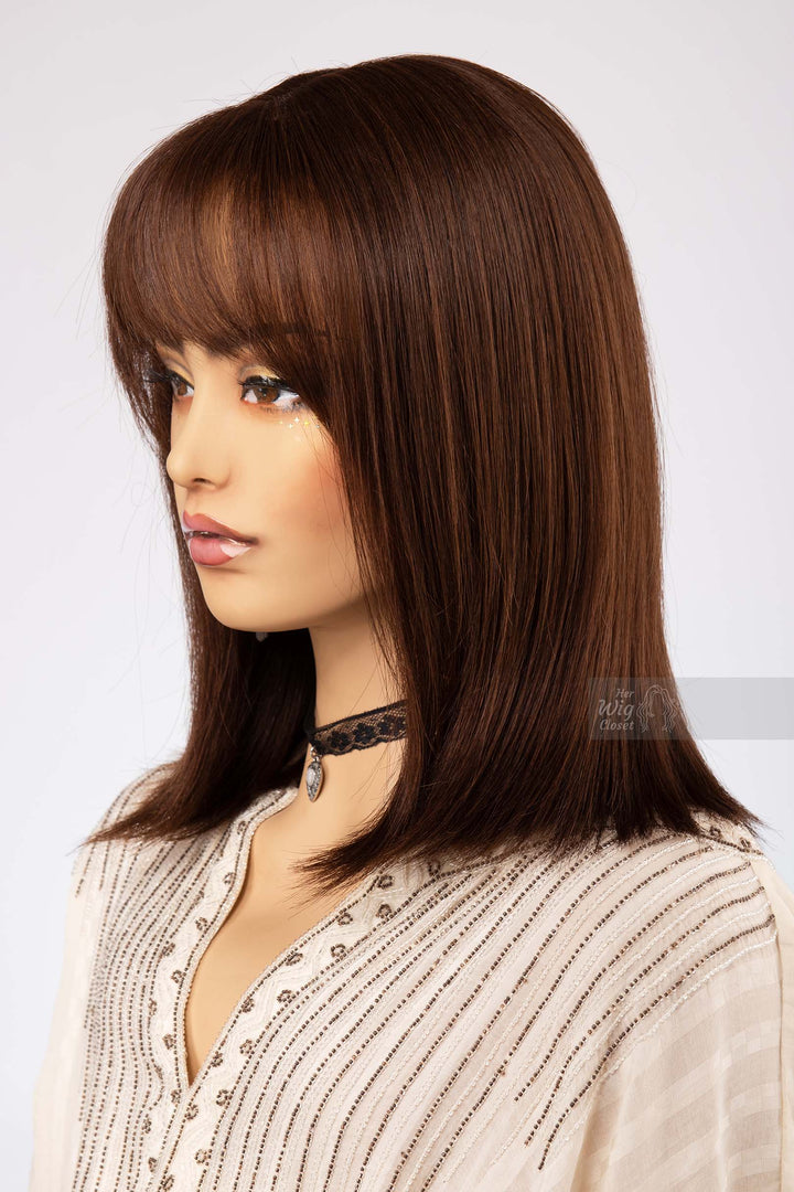 Natural Brown Medium Length Straight Bob Human Hair Wig with bangs
