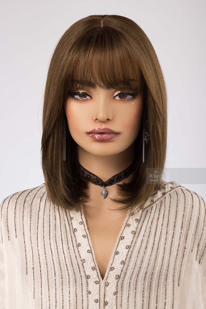 Natural Brown with Mocha Undertone Medium Length Straight Bob Human Hair Wig with bangs