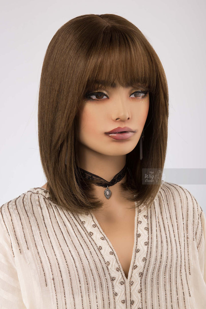Natural Brown with Mocha Undertone Medium Length Straight Bob Human Hair Wig with bangs