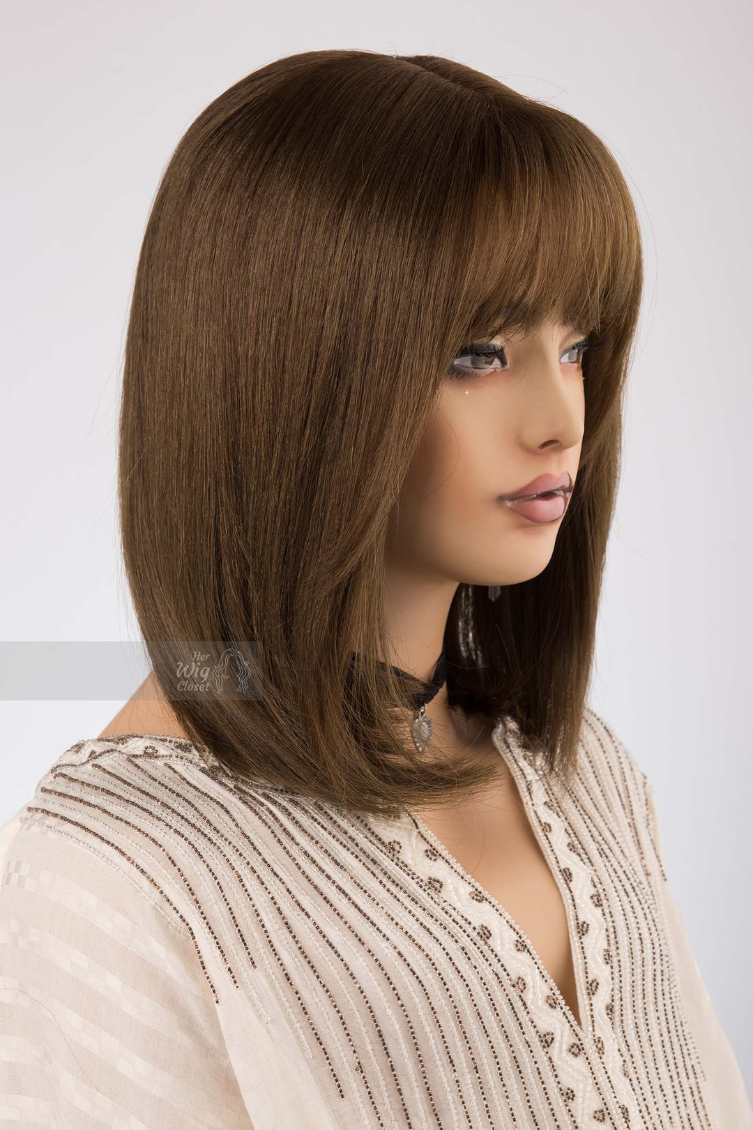Natural Brown with Mocha Undertone Medium Length Straight Bob Human Hair Wig with bangs