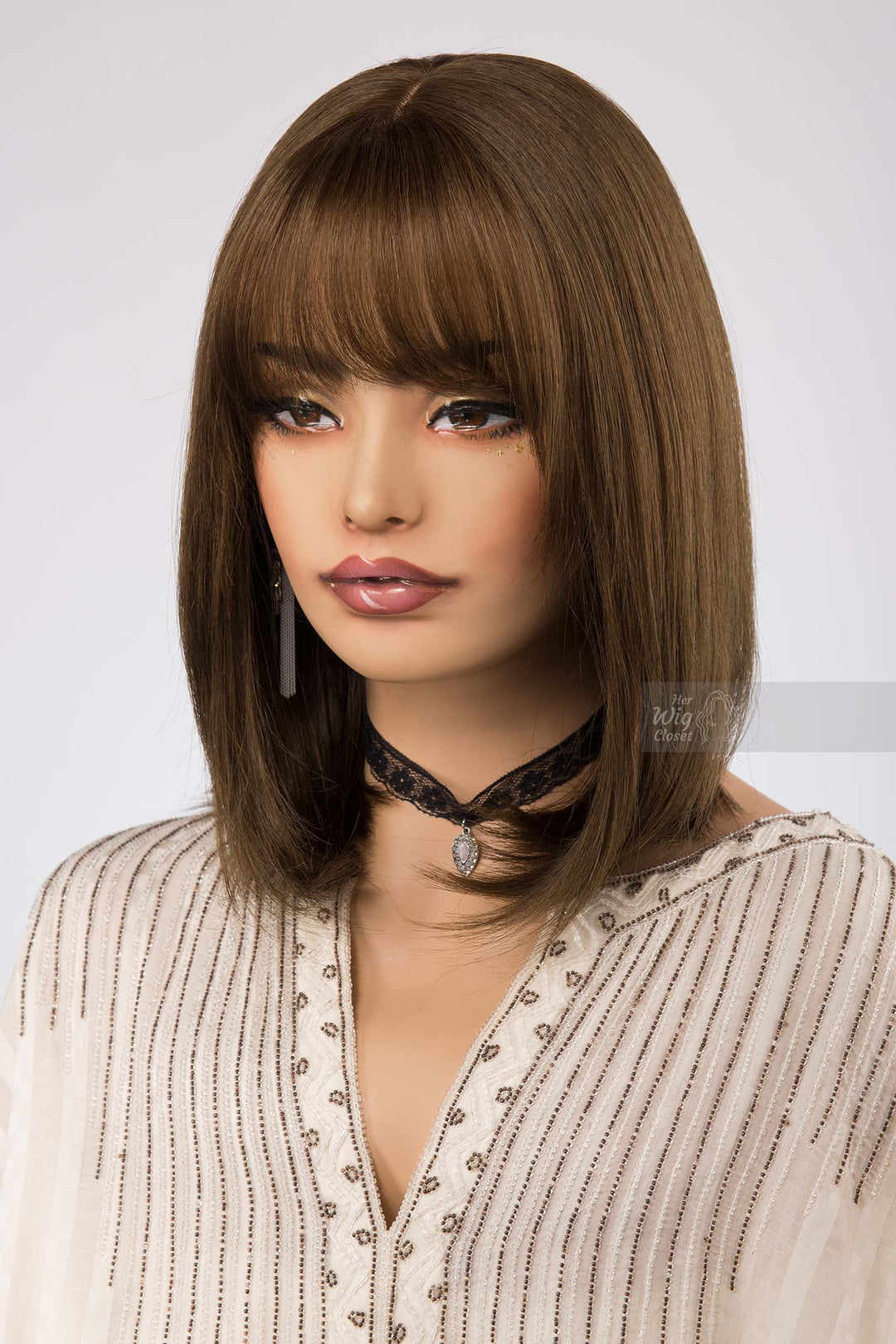 Natural Brown with Mocha Undertone Medium Length Straight Bob Human Hair Wig with bangs