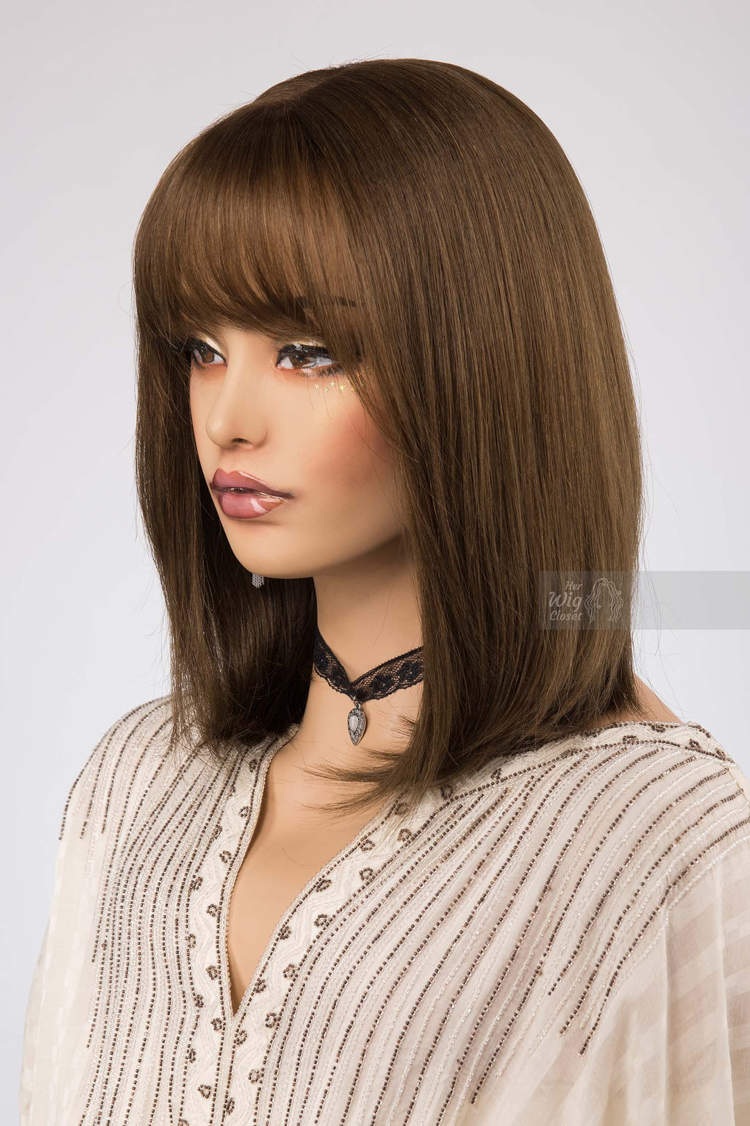 Natural Brown with Mocha Undertone Medium Length Straight Bob Human Hair Wig with bangs