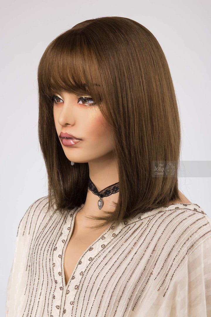 Natural Brown with Mocha Undertone Medium Length Straight Bob Human Hair Wig with bangs