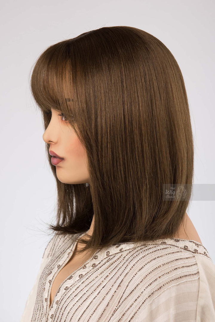 Natural Brown with Mocha Undertone Medium Length Straight Bob Human Hair Wig with bangs