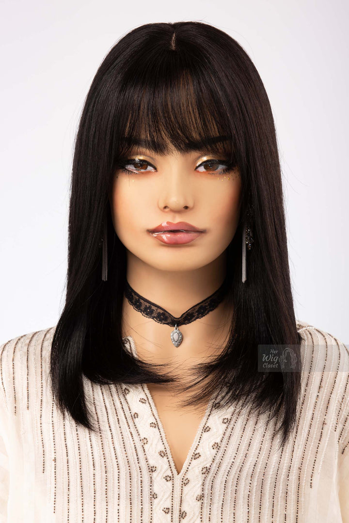 Straight Long Bob Cut Wig Natural Black Wig with Bangs